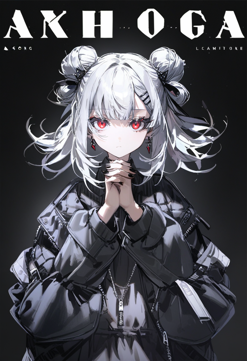masterpiece, best quality,<lora:QUASARCAKE_XL_ANI31_lokr_V42310:0.95> 1girl, double bun, solo, hair bun, grey hair, red eyes, own hands together, looking at viewer, hair ornament, black background, song name, straight-on, hairclip, black nails, upper body, short hair, closed mouth, own hands clasped, long sleeves, alternate costume, flipped hair, hands up, jacket, blunt bangs, nail polish, black dress, character name, praying, medium hair