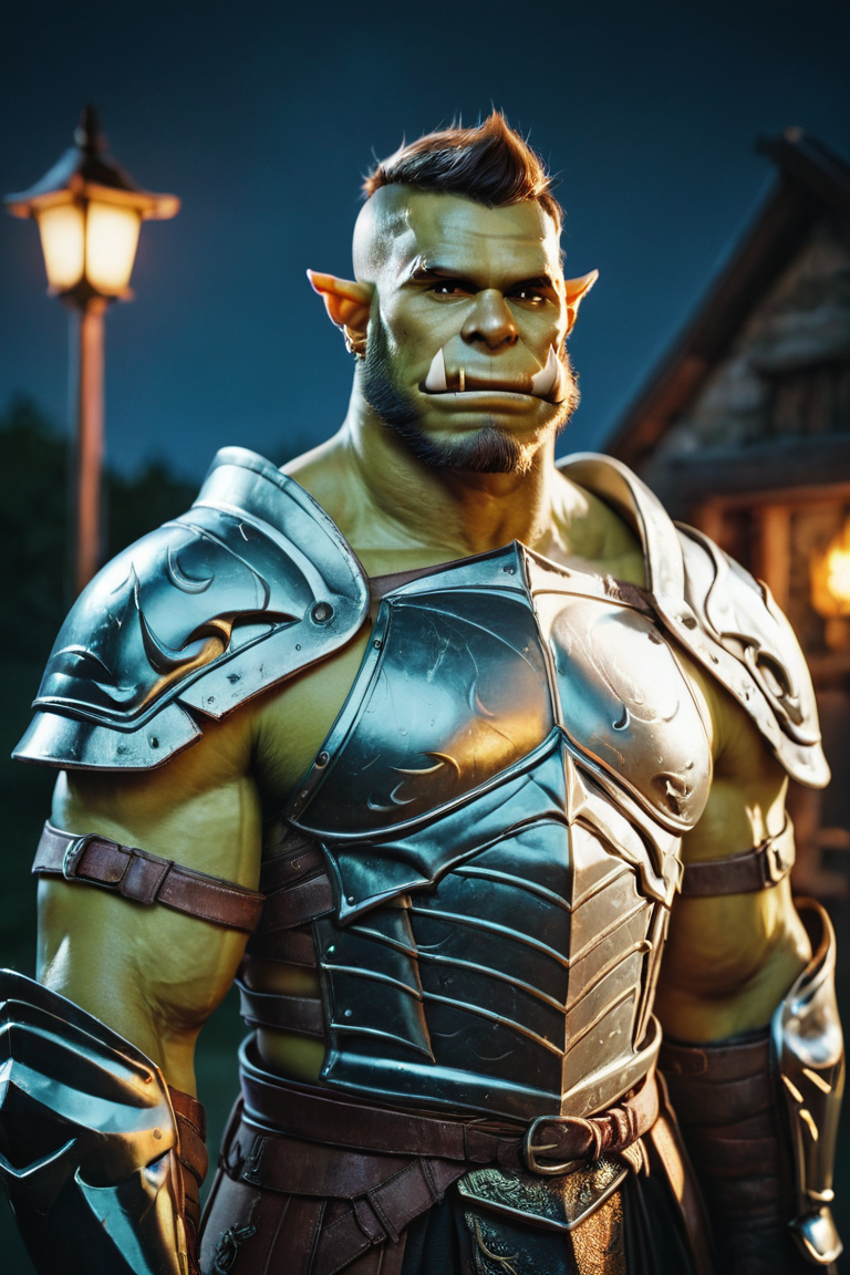 score_9, score_8_up, score_7_up, score_6_up, score_5_up, score_4_up, solo, male focus, mature male, orc, green skin, tusks, beard, outdoors, armor, looking at viewer, shoulder armor, breastplate, upper body, closed mouth, pauldrons, night, night sky, standing <lora:Photo Style LoRA XL:1>