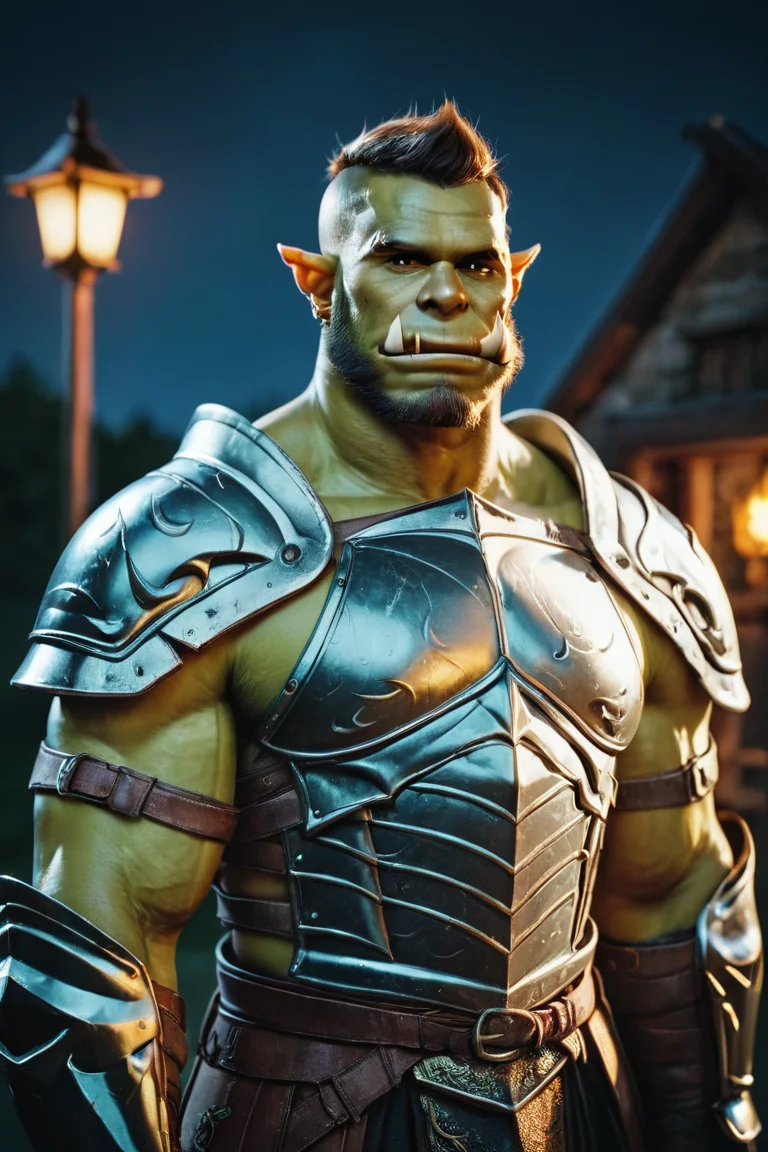 score_9, score_8_up, score_7_up, score_6_up, score_5_up, score_4_up, solo, male focus, mature male, orc, green skin, tusks, beard, outdoors, armor, looking at viewer, shoulder armor, breastplate, upper body, closed mouth, pauldrons, night, night sky, standing <lora:Photo Style LoRA XL:1>