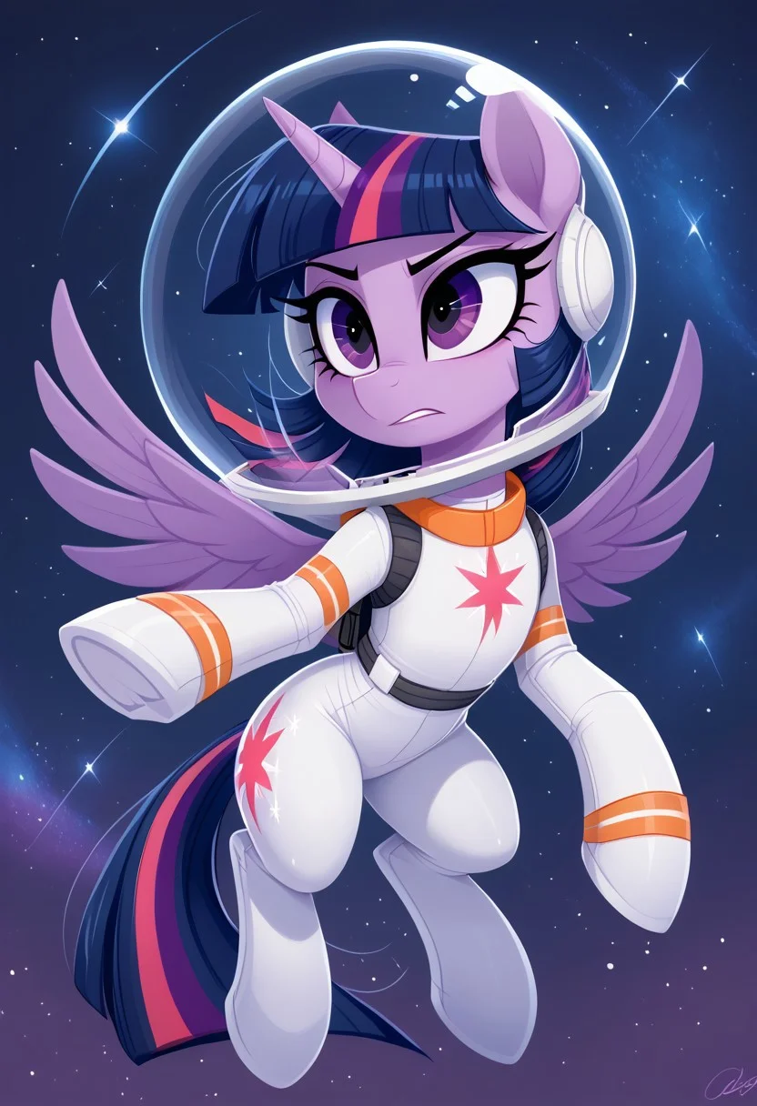 score_9, score_8_up, score_7_up, solo. pony, mare, zPDXL3, imp4ct_style, Purple Skin, Purple Eyes, Twilight Sparkle_(mlp), flullbody, in_space, hovering_mid_air, starts, wearing_spacesuit, all_body_focus, fullbody, fullsuit, space_on_background,