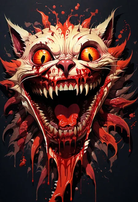 illustration, flat illustration,
The moody cinematic shot, (extensive establishing shot),
(full body), 
kitten, smiling maliciously, a huge hypertrophied mouth with huge predatory teeth, a predatory evil grin, blood dripping from the bloody mouth,
(half its head has been bitten off, the brain is visible, blood is gushing from the wound,
one eye fall out of its socket and is hanging on a vessel, intestines spill out of the cut belly all over the floor, blood flow like a river, all fur in blood:1,5), 
predatory evil grin, huge predatory teeth,
it is standing on its hind legs, its front legs are in the pose of a scratching cat with its claws extended, 
looking at viewer with a great desire to grab with teeth, tear and eat,
entrails covered in blood, pools of blood, blood dripping from the ceiling, walls covered in blood,
dark tones, bright contrasting colors,
against the backdrop of a city with blood-spattered walls,
predominant red and gray and brown color, hyper-detailed, hyper-realism, sharp shot, cinematic, background action-packed boom,