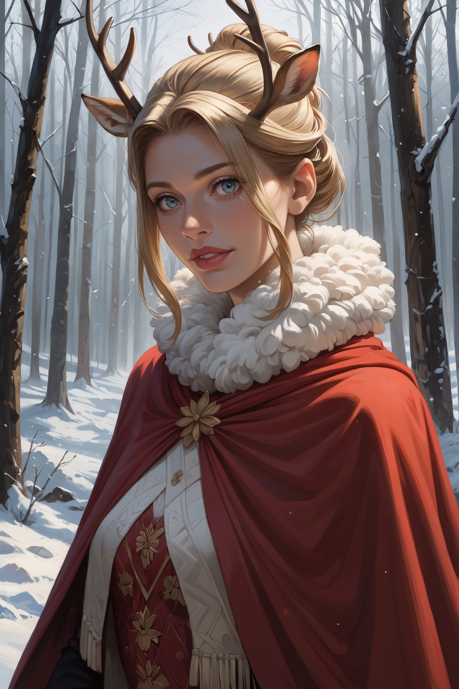 score_9_up, score_8_up, score_7_up, Casual, cell_shading, detailed, detailed background, detailed face, masterpiece, best quality, highly detailed, (realistic face),
1girl, winter snow, forest, 1deer,
BREAK
a deer
BREAK
1girl, red collared capelet, white wool sweeter, lonely, blonde, half updo, fur collar
original, sharp,
(ultra realistic, 32k, masterpiece:1.2), (high detailed skin:1.1), (high quality:1.1),  <lora:incase---1:0.3> <lora:by_hattori_mitsuri-v3-pony:0.8> by Hattori Mitsuru