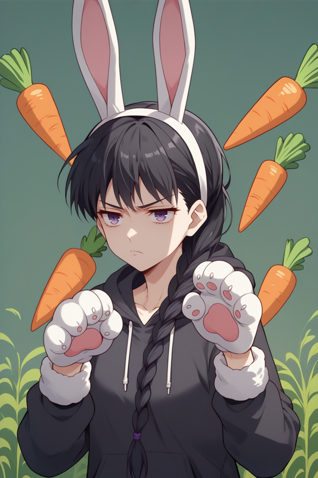 score_9, score_8_up, 1girl, solo, <lora:NSSakiBasket:0.8> NSSakiBase, black hair, braid, hair over shoulder, purple eyes, gray onesee, hoodie, fake rabbit ears, rabbit tail, paw pose, paw gloves, annoyed face, carrot field