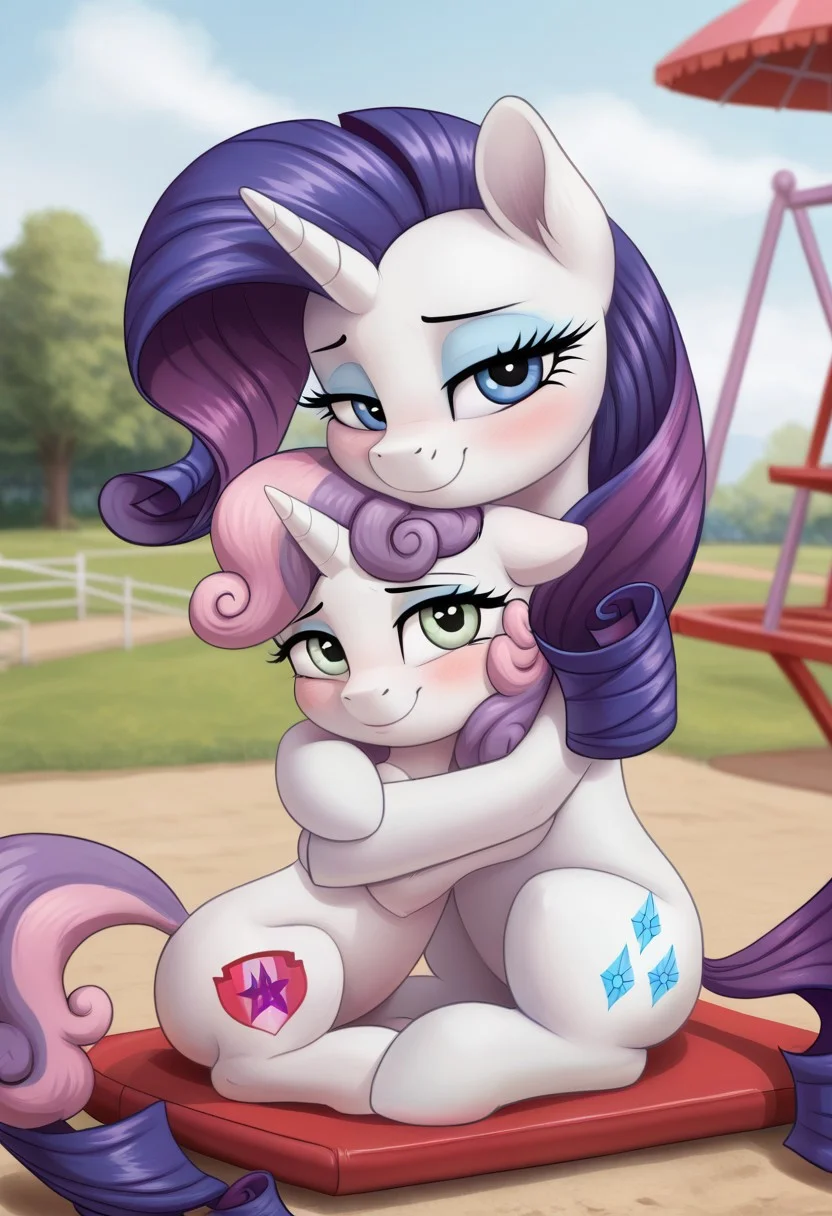 score_9, score_8_up, score_7_up, score_6_up, score_5_up, score_4_up, pony, g4, duo
((Sweetie Belle, young, kid, child, children))
((Rarity))
sit, on knees, hug, snuggling, playground, happy, smile,  look at you, blushing, cute, glare, high res, lidded eyes, detailed face, detailed face