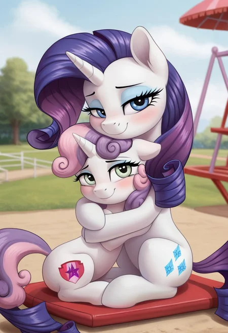 score_9, score_8_up, score_7_up, score_6_up, score_5_up, score_4_up, pony, g4, duo
((Sweetie Belle, young, kid, child, children))
((Rarity))
sit, on knees, hug, snuggling, playground, happy, smile, look at you, blushing, cute, glare, high res, lidded eyes, detailed face, detailed face