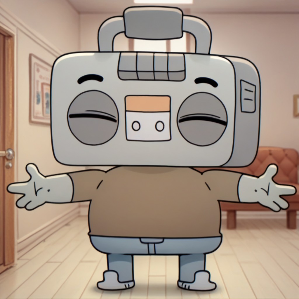 score_9, score_8_up, score_7_up, juke, male, solo, grey skin, boombox head, blue eyes, black eyebrows, short, plump, brown shirt, blue jeans, grey shoes, standing, closed eyes, happy, outstretched arms, indoors, living room