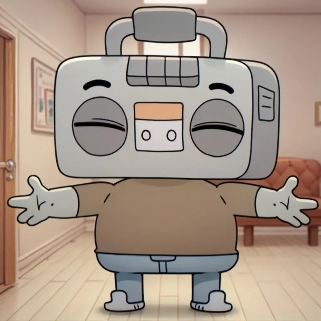 score_9, score_8_up, score_7_up, juke, male, solo, grey skin, boombox head, blue eyes, black eyebrows, short, plump, brown shirt, blue jeans, grey shoes, standing, closed eyes, happy, outstretched arms, indoors, living room
