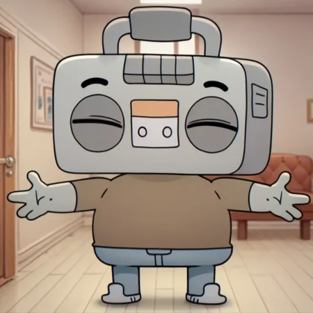 score_9, score_8_up, score_7_up, juke, male, solo, grey skin, boombox head, blue eyes, black eyebrows, short, plump, brown shirt, blue jeans, grey shoes, standing, closed eyes, happy, outstretched arms, indoors, living room