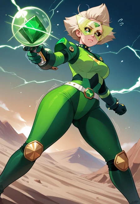 score_9,score_8_up,score_7_up,score_6_up,score_5_up,1girl, front_view,source_anime,dark green armor,/jade),WhiteMold, peridot_(steven_universe),blonde_hair,green_eyes,short hair, score_4_up,symmetrical,dark green bodysuit,jade gemstones, curvy,source_cartoon,(Peridot from Steven Universe),emerald green bracalets,spiked bracalets,black gauntlets,rocket,boots, print rhombus,rhombus_\(symbol\),sci-fi,spaceship on desert background,electric tower,floating soda cans,jade rocks,green sand,(destroyed machine),television,multicolored yellow and green helmet on hand,arm straps,print green diamond,gold belt,gemestones,spiked choker,holding green orb,(electricity), (laser gun),(gun case),(bullet belt),(orbs:1.4),(light green skin),(jewelry:1.4),pale green skin),(armored shoulders),green lights, print emerald,neon ligths,wide hips,thick thighs,(hand signs), perfect hands,knee pads,(motion lines:1.4),(sweat:1.4),(??:1.4), (trembling lines:1.4),(flying sweatdrops:1.4),(illustration),(thick outlines),(black sclera:1.4),visor,knife,mechanical tools,UFOs, masterpiece,best_quality,newest,absurdres,best shadow,light particles,highly detailed background,amazing quality,highly detailed skin,very detailed clothes,power_lines,speed lines, emphasis_lines,very_aesthetic,dynamic_angle,high quality,4k, best shadows,(spoken gem),(crystals),<lora:add-detail-xl:1.5>