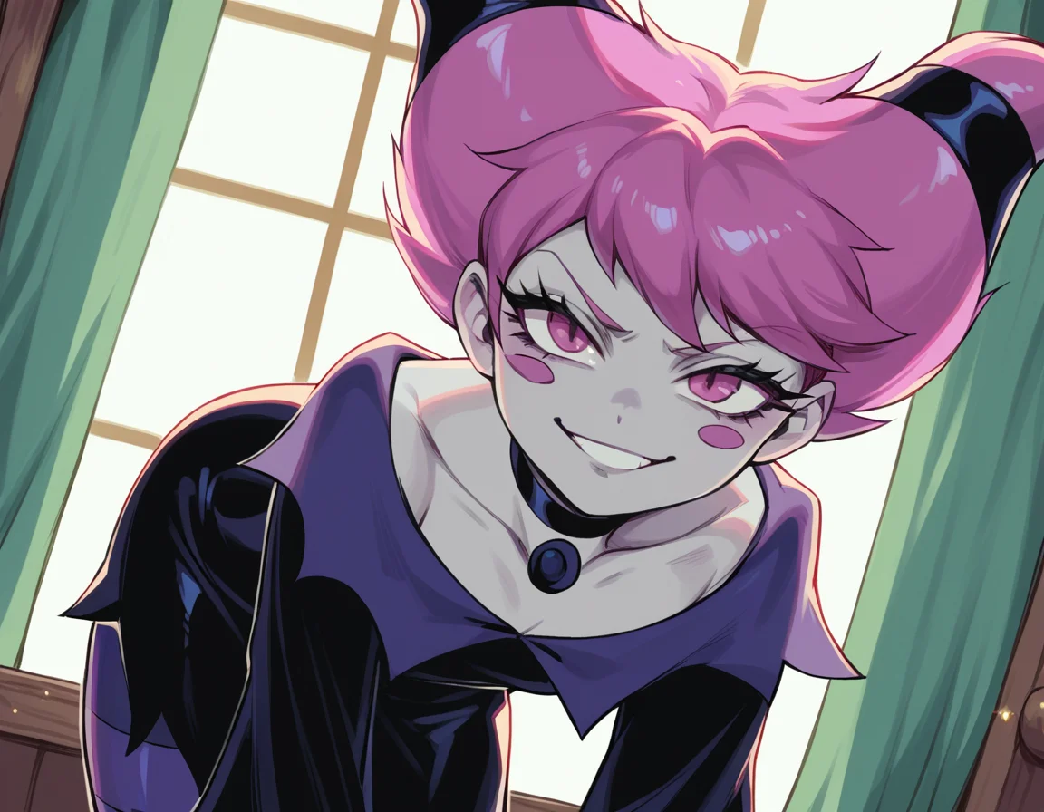 score_9, score_8_up, score_7_up, source_anime, <lora:jinx-dc-ponyxl-lora-nochekaiser_r1:1>, jinx, jinx (dc), colored skin, grey skin, hair horns, pink eyes, pink hair,, choker, long sleeves, pantyhose, striped clothes, striped pantyhose, black dress, wide sleeves, collarbone,, indoors, bent over, smile, smug, looking at viewer, solo,, cowboy shot, dutch angle
