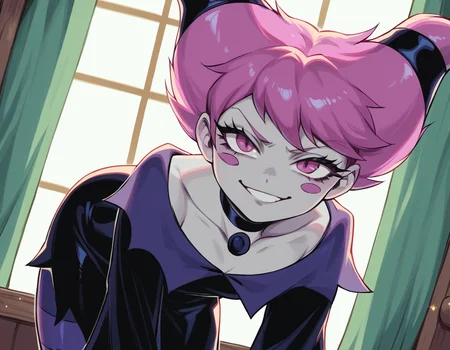 score_9, score_8_up, score_7_up, source_anime, <lora:jinx-dc-ponyxl-lora-nochekaiser_r1:1>, jinx, jinx (dc), colored skin, grey skin, hair horns, pink eyes, pink hair,, choker, long sleeves, pantyhose, striped clothes, striped pantyhose, black dress, wide sleeves, collarbone,, indoors, bent over, smile, smug, looking at viewer, solo,, cowboy shot, dutch angle