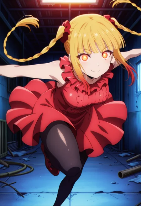 <lora:Shuka_Kurino:1>, Shuka Karino, 1girl, solo, blonde hair, long hair, blunt bangs, twin braids, sidelocks, red hair bow, red hair scrunchie, red eyes, two-toned eyes, orange eyes, medium breast, glowing eyes, sleeveless red dress, black pantyhose, red shoes, smile, looking at viewer, jumping towards viewer
BREAK
inside, abandoned warehouse, nighttime
BREAK
anime screencap, anime coloring, anime colored background, detailed background, detailed face, shiny skin, shiny hair, absurdes, highres, dynamic pose, masterpiece, best quality, official art, cel shaded, graphic illustration, digital painting, CGI, very detailed, amazing quality, intricate details, dynamic pose, HDR, UHD, 8K, Fineline illustration, Highly detailed, ultra-fine painting, sharp focus, Professional, Vivid Colors <lora:add-detail-xl:1> <lora:DetailedEyes_V3:1> <lora:hand 5.5:1>
