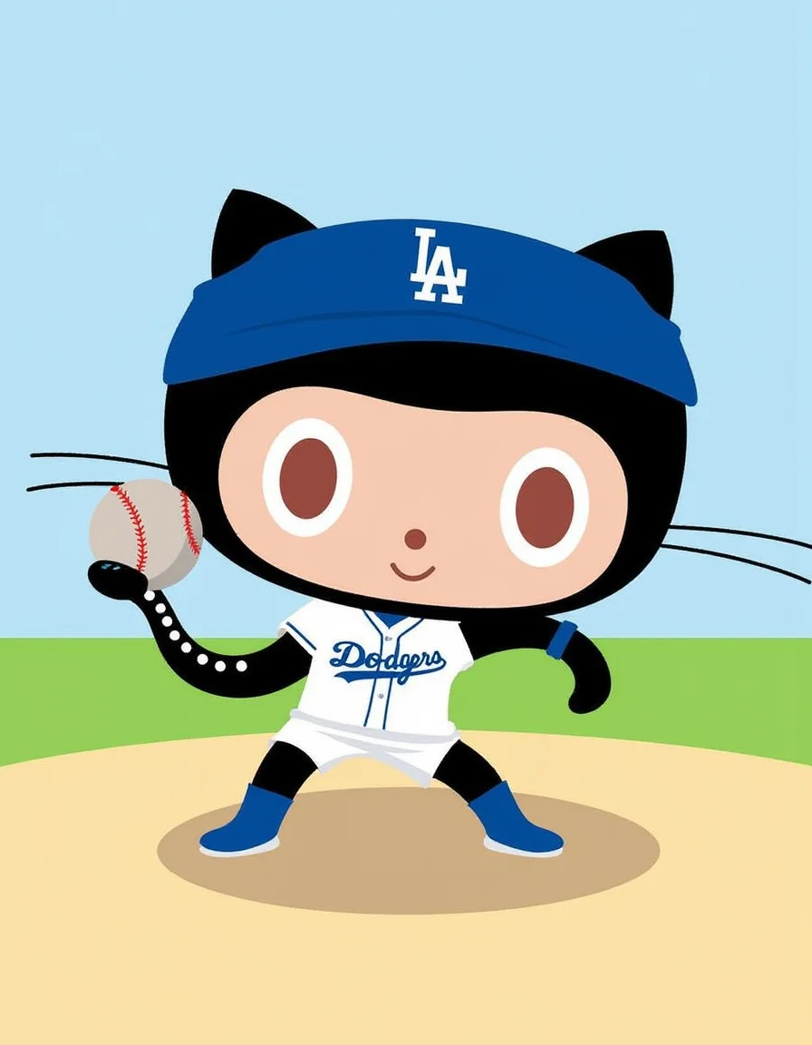 A graphic illustration of Octocat playing baseball for the LA Dodgers.<lora:General Flux\octocat.safetensors:0.9:1.0>