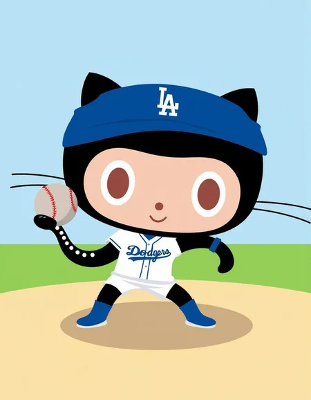 A graphic illustration of Octocat playing baseball for the LA Dodgers.<lora:General Flux\octocat.safetensors:0.9:1.0>