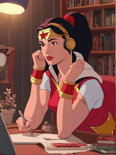 Wonderwoman as a Lofi Girl <lora:SDXL-LofiGirl-Lora:1>, Very detailed, clean, high quality, sharp image