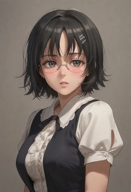 score_9,score_8_up,score_7_up,great lighting,source_anime,anime screencap,anime coloring,anipai_style,intricate details,inexpressive,1girl,solo,nao_yorihime, an anime girl, 1girl, solo, short hair, open mouth, black hair, hair ornament, school uniform, short sleeves, glasses, hairclip, ,BLACK DRESS,DETAIL WHITE shirt(center frill),UNDER BUST,large breasts,short sleeves, puffy sleeves,silk Fabric,half closed eyes,parted lips,open mouth,shy,blush,tcking hair,turning back face,looking_at_viewer,viewer from side,upper body,light and shadows by reij-shdwgms,