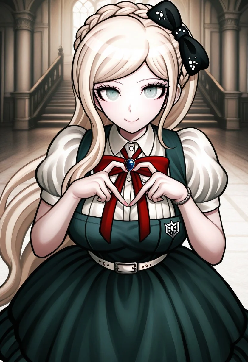 Sonia Nevermind SDR2, Sonia Nevermind, big breasts, masterpiece, best quality, solo, long hair, crown braid, hair bow, black bow, pinafore dress, red bowtie, puffy short sleeves, white belt, bracelet, thighhighs, blue eyes, smile, castle background, cute, 4-Finger Heart Hands