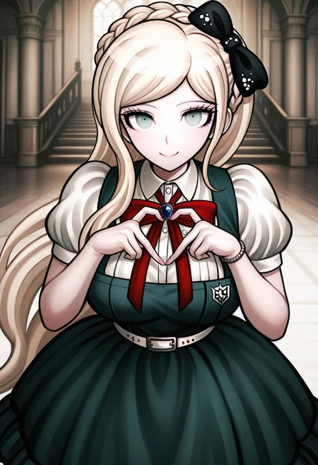 Sonia Nevermind SDR2, Sonia Nevermind, big breasts, masterpiece, best quality, solo, long hair, crown braid, hair bow, black bow, pinafore dress, red bowtie, puffy short sleeves, white belt, bracelet, thighhighs, blue eyes, smile, castle background, cute, 4-Finger Heart Hands