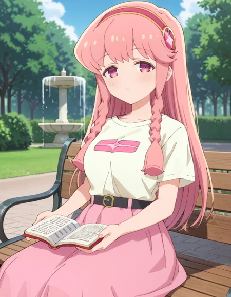 score_9, score_8_up, score_7_up, source_anime, BREAK
1girl, solo, looking at viewer, outdoors, bench, day, sky, blurry background, reading book, book, park, trees, fountain,
mami kirara (puniru wa kawaii slime), long hair, pink hair, hairband, sidelocks, twin braids, pink eyes,
casual outfit, pink shirt, t-shirt, short sleeves, belt, long skirt,
<lora:mami_kirara-puniru_wa_kawaii_slime_s1-anime-soralz:1>
