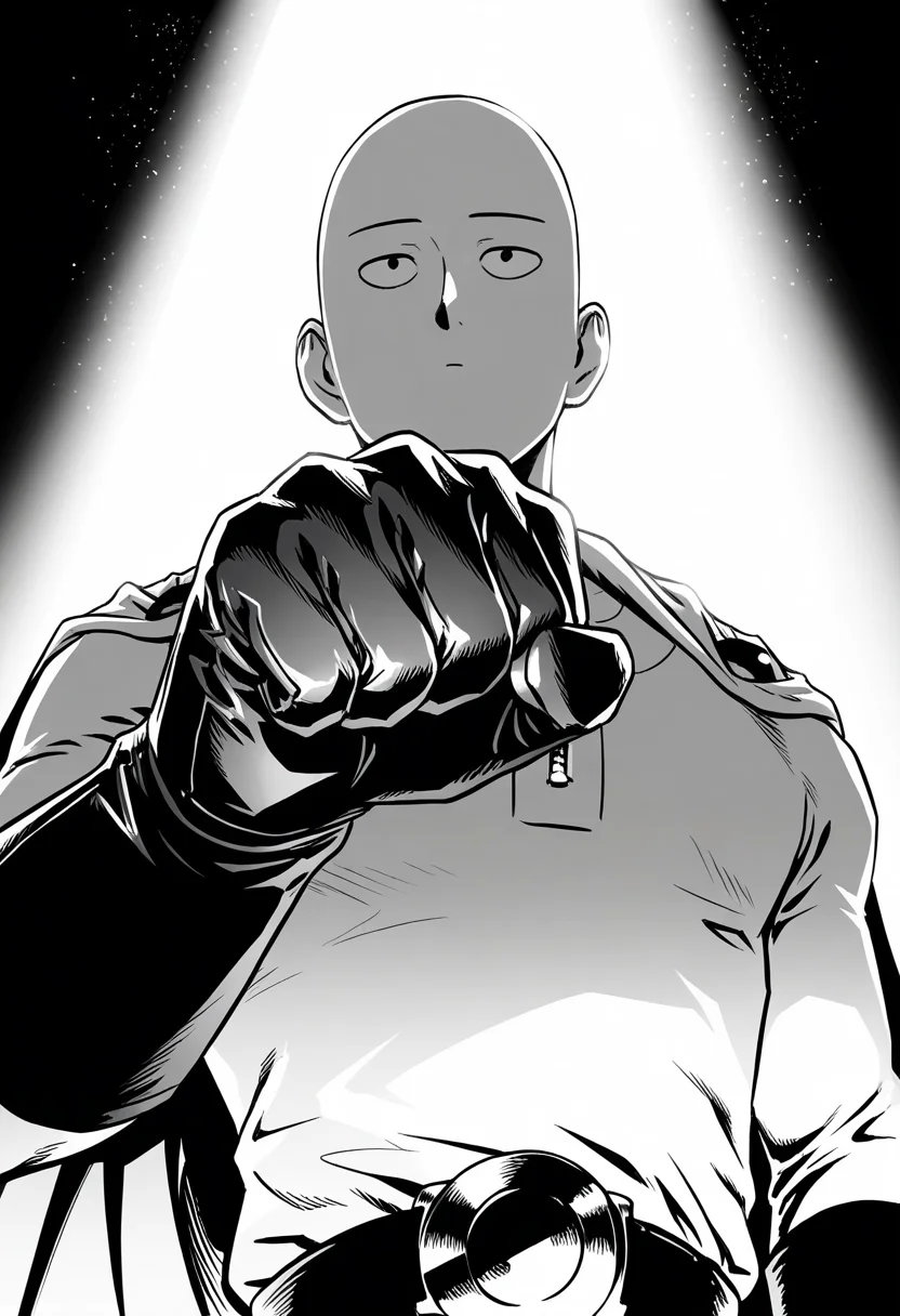 male, solo, alone, 1boy, monochrome, greyscale, male focus, (bald, bodysuit, gloves, belt, zipper, cape), (portrait, clenched hand, face focus),
BREAK
(solid white background, perfect hands, volumetric lighting, dappled light, light particles, , sa1tama, parody, , DR, 8K, beautiful, high contrast, masterpiece, best quality, amazing quality, very aesthetic, absurdres, newest, depth of field, ray tracing, dynamic angle,