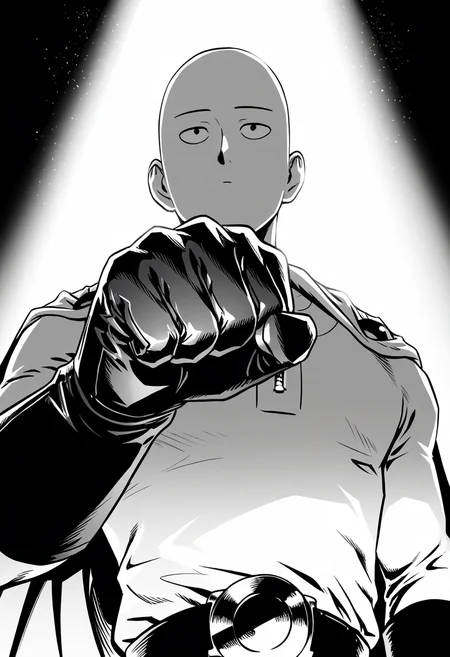 male, solo, alone, 1boy, monochrome, greyscale, male focus, (bald, bodysuit, gloves, belt, zipper, cape), (portrait, clenched hand, face focus),
BREAK
(solid white background, perfect hands, volumetric lighting, dappled light, light particles, , sa1tama, parody, , DR, 8K, beautiful, high contrast, masterpiece, best quality, amazing quality, very aesthetic, absurdres, newest, depth of field, ray tracing, dynamic angle,