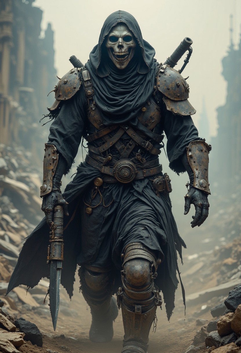 Deathmask Hunter: Cyber-Warlord of the Wastes, A towering, battle-scarred figure emerges from the choking haze of a ruined world—a cybernetic bounty hunter draped in a tattered, dust-caked black robe that clings to his hulking armored frame. His face is a grinning death’s head, a weathered skull infused with cybernetic enhancements, glowing data streams flickering across its surface like digital scars of a long-forgotten past. His armor is brutal and unpolished—thick, rusted plating bolted over his skeletal form, dented from countless battles, pitted with scorch marks and jagged bullet impacts. Fiber-optic cables and biomechanical tubes snake from his spine, pulsing faintly beneath the grime, feeding data into his decayed yet deadly mind. A cracked visor above his empty eye sockets flickers with tactical readouts, scanning the ruins for his next target. His massive, dust-covered gauntlets grip a ruined but still-lethal plasma rifle, its surface etched with kill tallies, its barrel smoldering from a recent execution. A jagged combat blade, its edge corroded and blackened with age, hangs from his belt, ready for the silent work. Every movement sends loose dirt cascading from his robe, the stench of scorched metal and decayed flesh thick in the air.