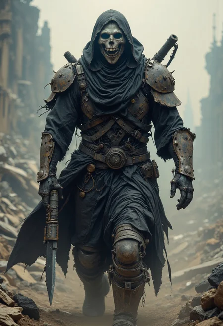 Deathmask Hunter: Cyber-Warlord of the Wastes, A towering, battle-scarred figure emerges from the choking haze of a ruined worldâa cybernetic bounty hunter draped in a tattered, dust-caked black robe that clings to his hulking armored frame. His face is a grinning deathâs head, a weathered skull infused with cybernetic enhancements, glowing data streams flickering across its surface like digital scars of a long-forgotten past. His armor is brutal and unpolishedâthick, rusted plating bolted over his skeletal form, dented from countless battles, pitted with scorch marks and jagged bullet impacts. Fiber-optic cables and biomechanical tubes snake from his spine, pulsing faintly beneath the grime, feeding data into his decayed yet deadly mind. A cracked visor above his empty eye sockets flickers with tactical readouts, scanning the ruins for his next target. His massive, dust-covered gauntlets grip a ruined but still-lethal plasma rifle, its surface etched with kill tallies, its barrel smoldering from a recent execution. A jagged combat blade, its edge corroded and blackened with age, hangs from his belt, ready for the silent work. Every movement sends loose dirt cascading from his robe, the stench of scorched metal and decayed flesh thick in the air.