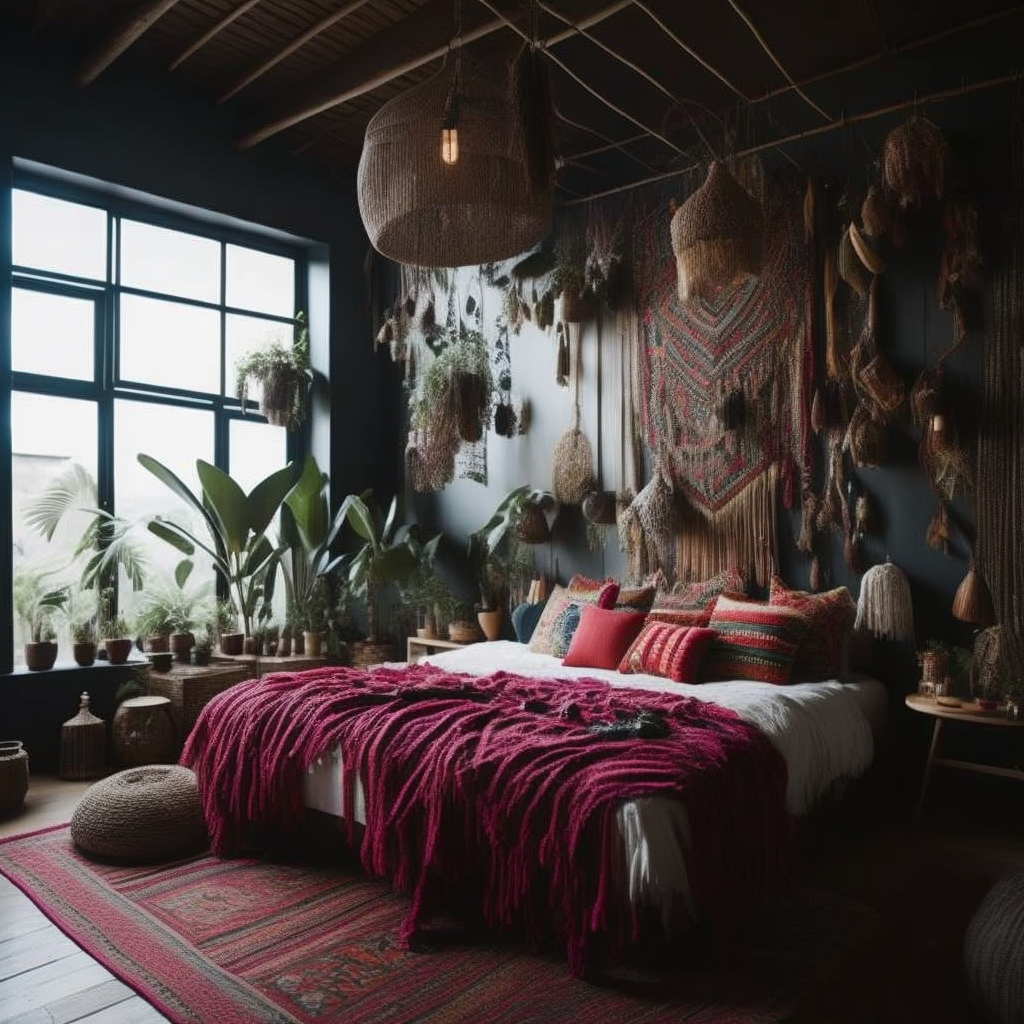 <lyco:Boho_style_interior_design_Sa_May:1.0> Boho style  bedroom