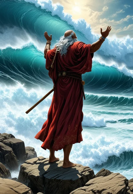 Comic book style 8k high quality digital painting, Boris Vallejo style, retro artstyle, score_9, score_8_up, score_9_up, very detailed, ultra realistic, (best quality) full body, very detailed masterpiece, RetroSci style, Moses parts the sea, an old man wearing a tunica and a toga is standing on a rock looking up to the sky, long stick in his right hand, raising his hands to the sky, in the background we see the ocean parting in two, water dispersed, the water is parting leaving a dry corridor, huge waves of water on the left and on the right, tsunami-like huge waves, ocean, sea, epic scene, fantasy, surrealism, dreamscape, tenebrism, chiaroscuro, baroque, dramatic illumination, and dynamic lighting.