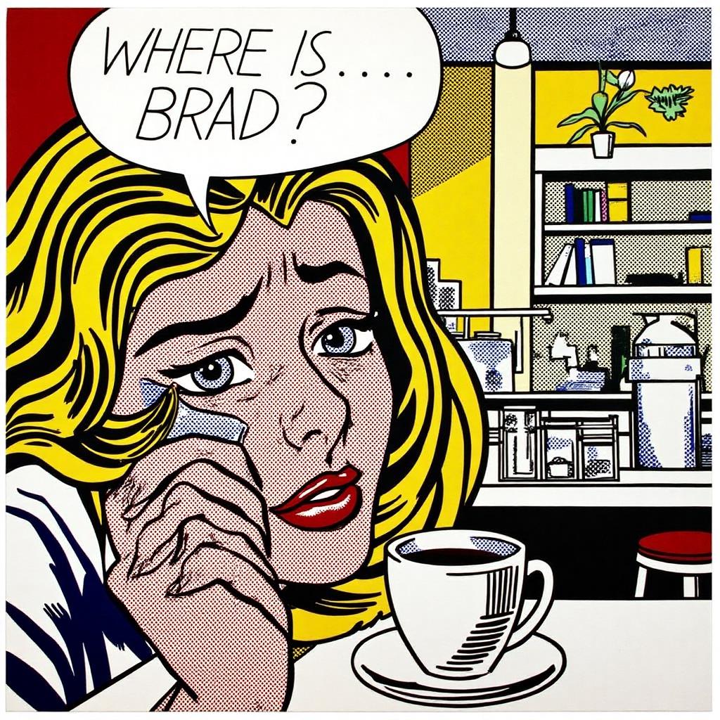 lichtenstein1 illustration. A woman crying at a coffee shop. Speech bubble say "Where is Brad?" <lora:lichtenstein1_cap_d6a3e8:1.0><lora:836248141612426125:0>