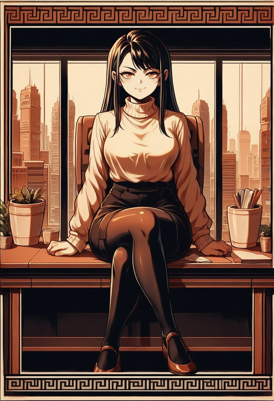 score_9, score_8_up,score_7_up, <lora:ElysnDrms_pdxl_EliPot:1>, limited palette, orange theme, black background,
1girl, black hair, long hair, office lady, black pantyhose looking at viewer, smug, toned, sitting, crossed legs, sitting on table, indoors, office, window, cityscape, white turtleneck, sweater,