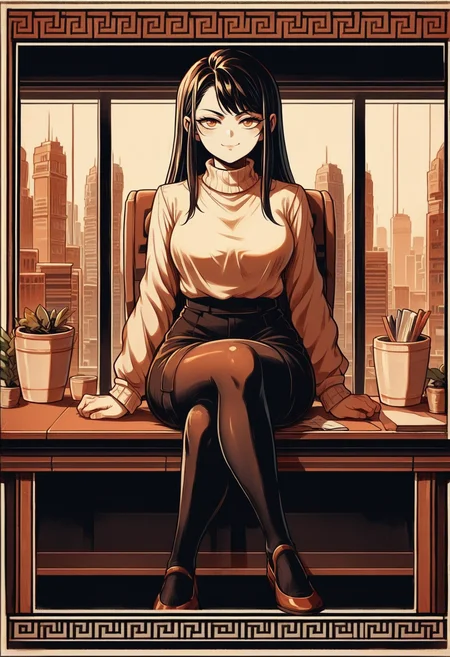 score_9, score_8_up,score_7_up, <lora:ElysnDrms_pdxl_EliPot:1>, limited palette, orange theme, black background,
1girl, black hair, long hair, office lady, black pantyhose looking at viewer, smug, toned, sitting, crossed legs, sitting on table, indoors, office, window, cityscape, white turtleneck, sweater,