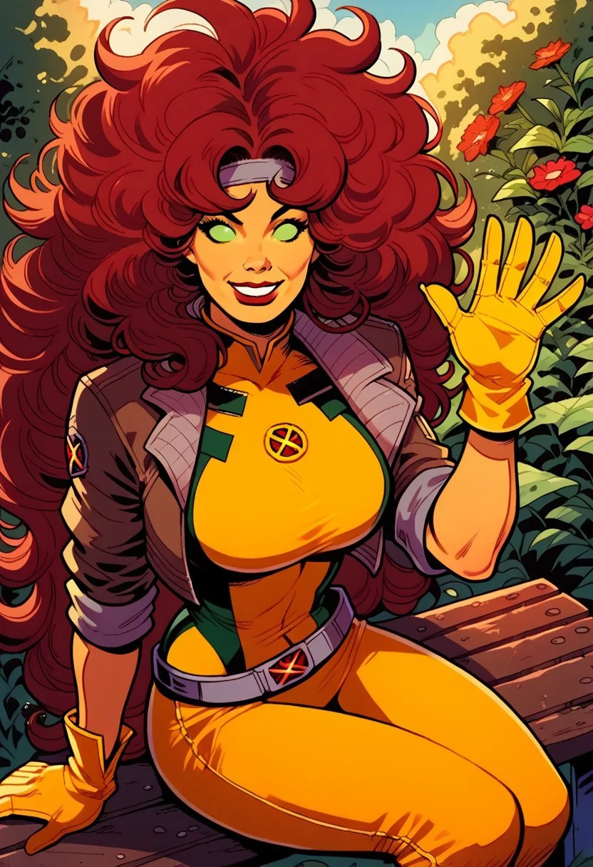 score_9, score_8_up, score_7_up,score_9, score_8_up,<lora:r0gue:0.85>,1girl, StarfireDG, red hair, orange skin, green eyes, no pupils, RogueXMXL, lipstick, red hair, two-tone hair, long hair, messy hair, headband, big breasts, cropped jacket, brown jacket, yellow bodysuit, long bodysuit, yellow gloves, belt, yellow boots, sitting on bench, smile, waving hand, smile, kind, looking at viewer, dynamic view, in the garden, sfw