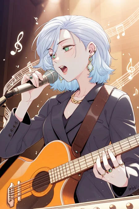 masterpiece, best quality, amazing quality,
 <lora:Girltrap_IL:1> strgrltrp, music, instrument, singing, guitar, jewelry, earrings, solo, playing instrument, green eyes, ring, microphone, blue hair, black jacket, holding, musical note, 1girl, shirosan