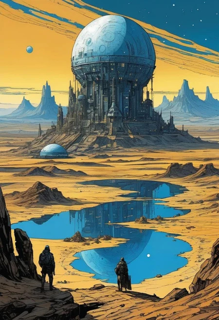 <lora:kallmekris:0.5> kallmekris mixed with <lora:esme_sdxl:0.5> esme , blue, white and yellow color, blue color tone, Background is stunning alien desert, desert village scenery, desert planet, new planet, alien settlement, alien world detailed and intricate environment, oil painting, palette knife soft brushstrokes, heavy strokes, dripping paint, art station on trend, sharp focus, intricate details, highly detailed ,art by enki bilal, art by philippe druillet, art by moebius, inspired by french comics art ,art by Jakub Rozalski, 1920+ Poland
