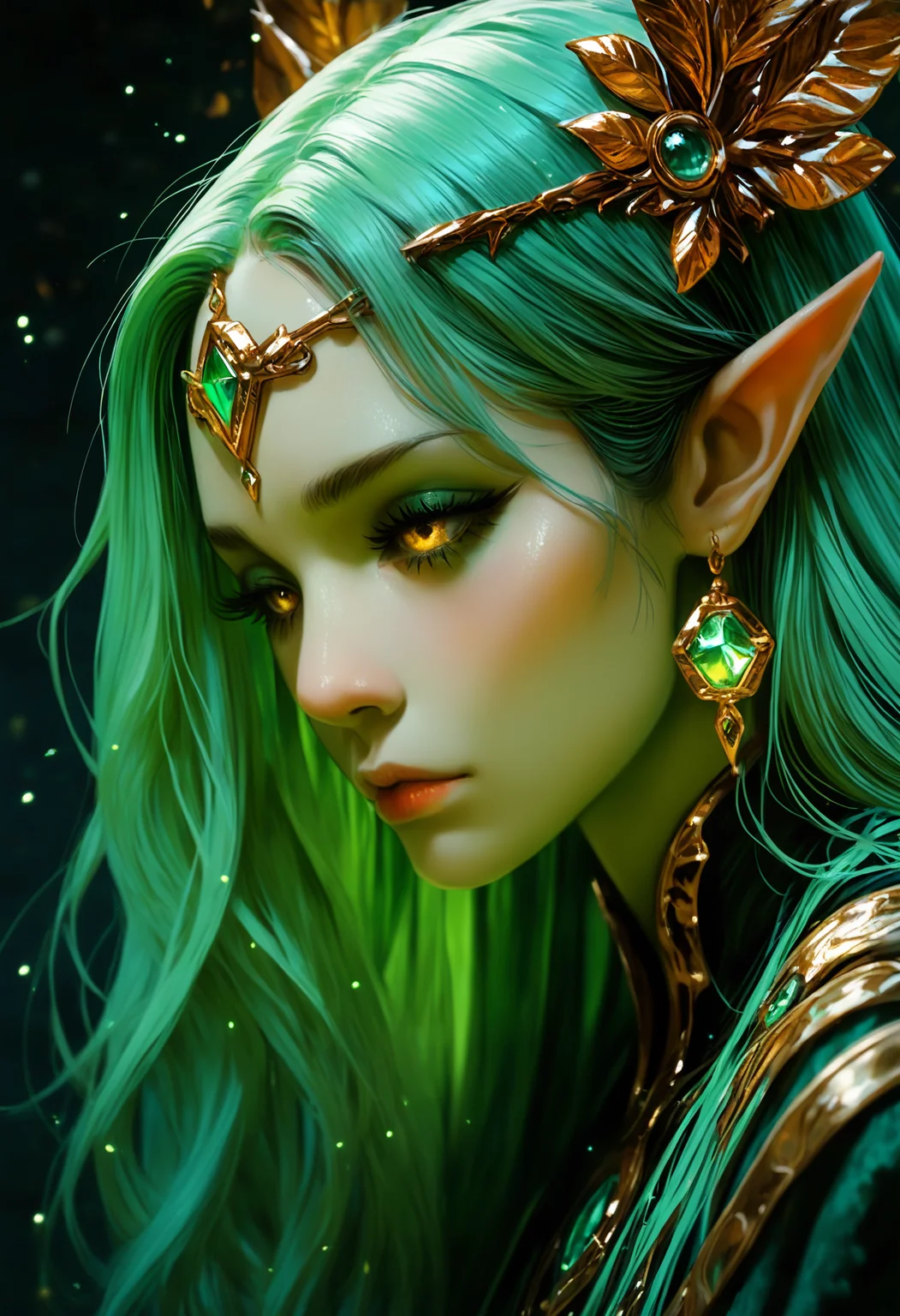 1girl, solo, long_hair, hair_ornament, 1boy, closed_mouth, jewelry, yellow_eyes, earrings, green_hair, pointy_ears, from_side, eyelashes, lips, petals, profile, makeup, depth_of_field, glowing, leaf, portrait, gem, light_particles, close-up, eyeshadow, circlet, nose, forehead_jewel, green_theme, gold, falling_leaves, green_gemstone, depth of field, photo \(medium\),
best quality, very awa, highres, newest