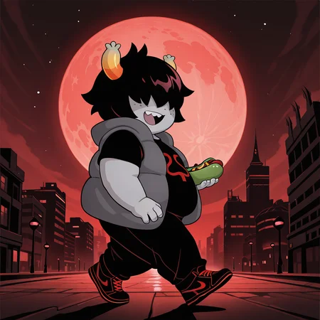 masterpiece, official art, best quality, detailed, solo, diemen, 1boy, male, troll, grey skin, freckles, black hair+, hair covering eyes, obscured eyes, orange horns, plump, obese, fat, noseless, no nose, short, young, grey vest, black shirt, red symbol on shirt, black pants, black shoes, walking, slightly from side, looking at viewer, smile, open mouth, teeth, outdoors, alien planet, city, night time, alleyway, purple theme background, purple sky, pink moon, green moon, holding hot dog, hot dog
