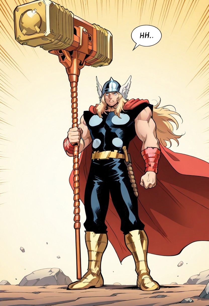2d, anime_screencap, masterpiece,best quality,amazing quality,very aesthetic,absurdres,newest,, gorudionhammer, hammer, holding hammer, huge weapon, yellow background, 1boy, solo, th1or03, blonde hair, long hair, blue eyes, metal helmet, white wings, black bodysuit, metal circles, red cape, red bracelets, golden belt, black pants, golden boots, full body, standing, serious,