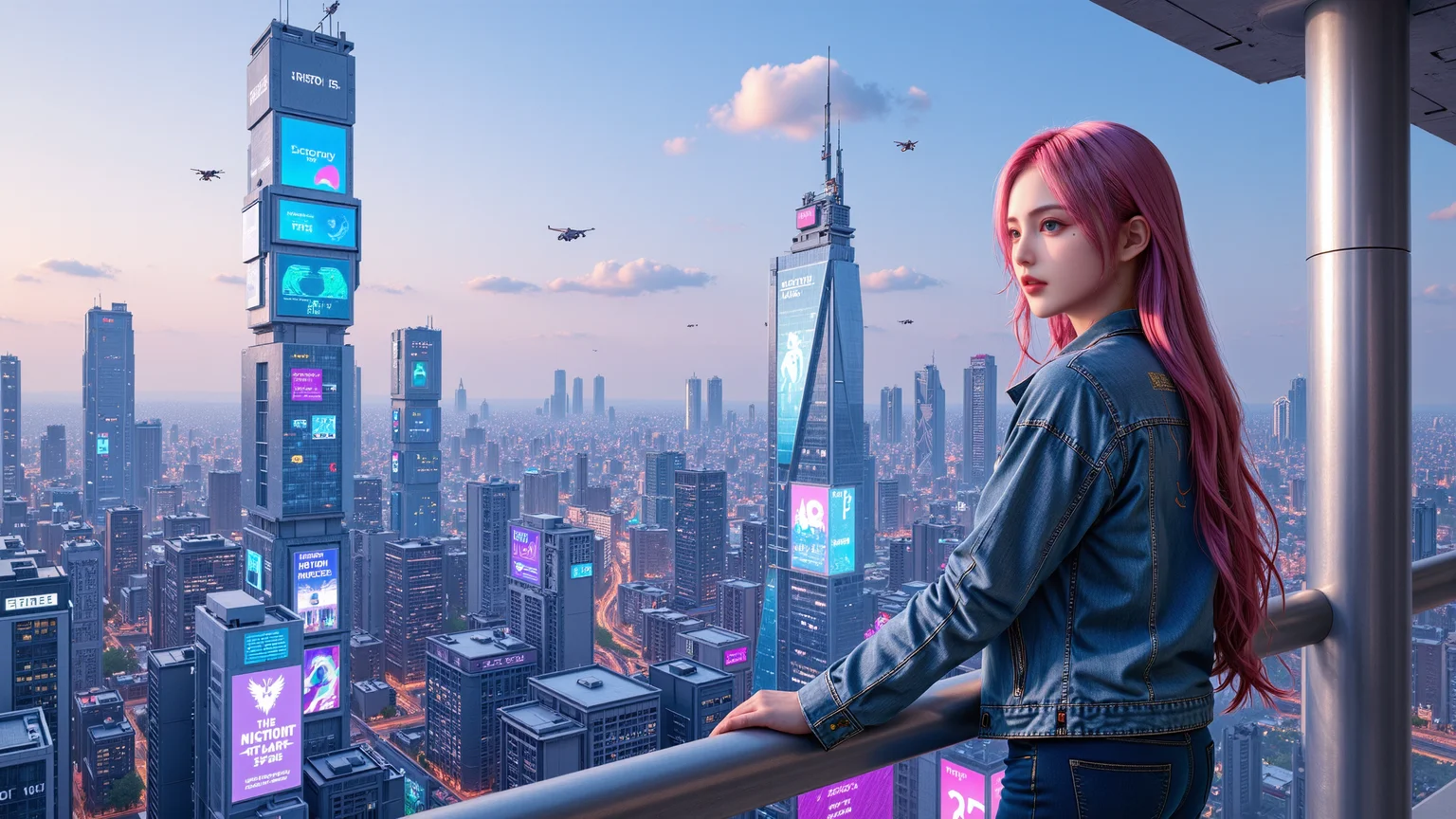 A 20-year-old girl with long pink hair,wearing a distressed denim jacket and form-fitting denim pants,leans slightly on a high-rise balcony railing,observing the lively streets below. The skyline is dominated by high-tech skyscrapers adorned with neon lights,flying drones,and virtual advertisements. She is surrounded by a cool blue and purple glow from the city's countless electronic displays,and a soft wind makes her hair flutter. The feeling of a futuristic megacity pulsates around her.,<lora:kcyberpunk-01:0.6>,kcyberpunk,<lora:yuukananri-base-02-flux:0.8>,yuukananri,she has a slender physique and a petite build,
