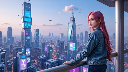 A 20-year-old girl with long pink hair,wearing a distressed denim jacket and form-fitting denim pants,leans slightly on a high-rise balcony railing,observing the lively streets below. The skyline is dominated by high-tech skyscrapers adorned with neon lights,flying drones,and virtual advertisements. She is surrounded by a cool blue and purple glow from the city's countless electronic displays,and a soft wind makes her hair flutter. The feeling of a futuristic megacity pulsates around her.,<lora:kcyberpunk-01:0.6>,kcyberpunk,<lora:yuukananri-base-02-flux:0.8>,yuukananri,she has a slender physique and a petite build,