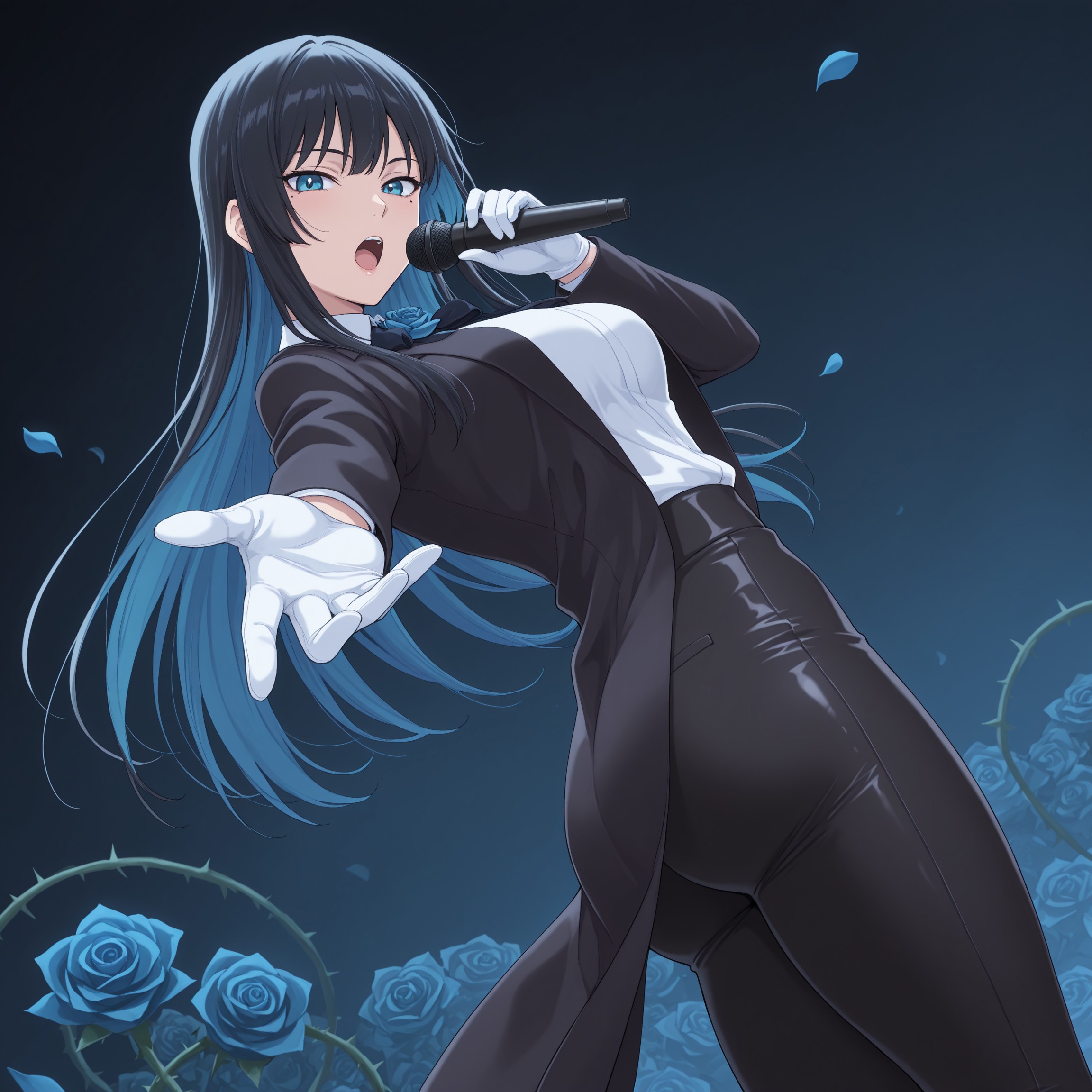 <lora:iwaoCIVITAI:1>, iwao178, ado, cat pupils, (detailed background:1.5), (aesthetic background:1.5), (masterpiece), (best quality), (ultra-detailed), amazing quality, very aesthetic, illustration, perfect composition, intricate details, shiny skin, realistic, (uncensored), (anime screencap:1.5), 1girl, Shiny black hair, bright blue eyes, long hair, (black pants:1.5), mole under eye, blue hair, multicolored hair, colored inner hair, blue rose and black bow-tie, (long black coat:1.5), (white inner shirt:1.1), black pants, white gloves, (medium breasts:1.5), (medium ass:1.5), (slim:1.5), (large thighs:1.5), (blue and black rose background:1.5), (looking at viewer:1.5), (high dutch angle:1.5), (holding mic:1.5), (singing:1.5), (one hand reaching at viewer:1.5), (chest covered:1.5), (cat pupils:1.5), (blue rose petals falling:1.5), (surrounded by blue roses:1.5), (rose thorns:1.5)