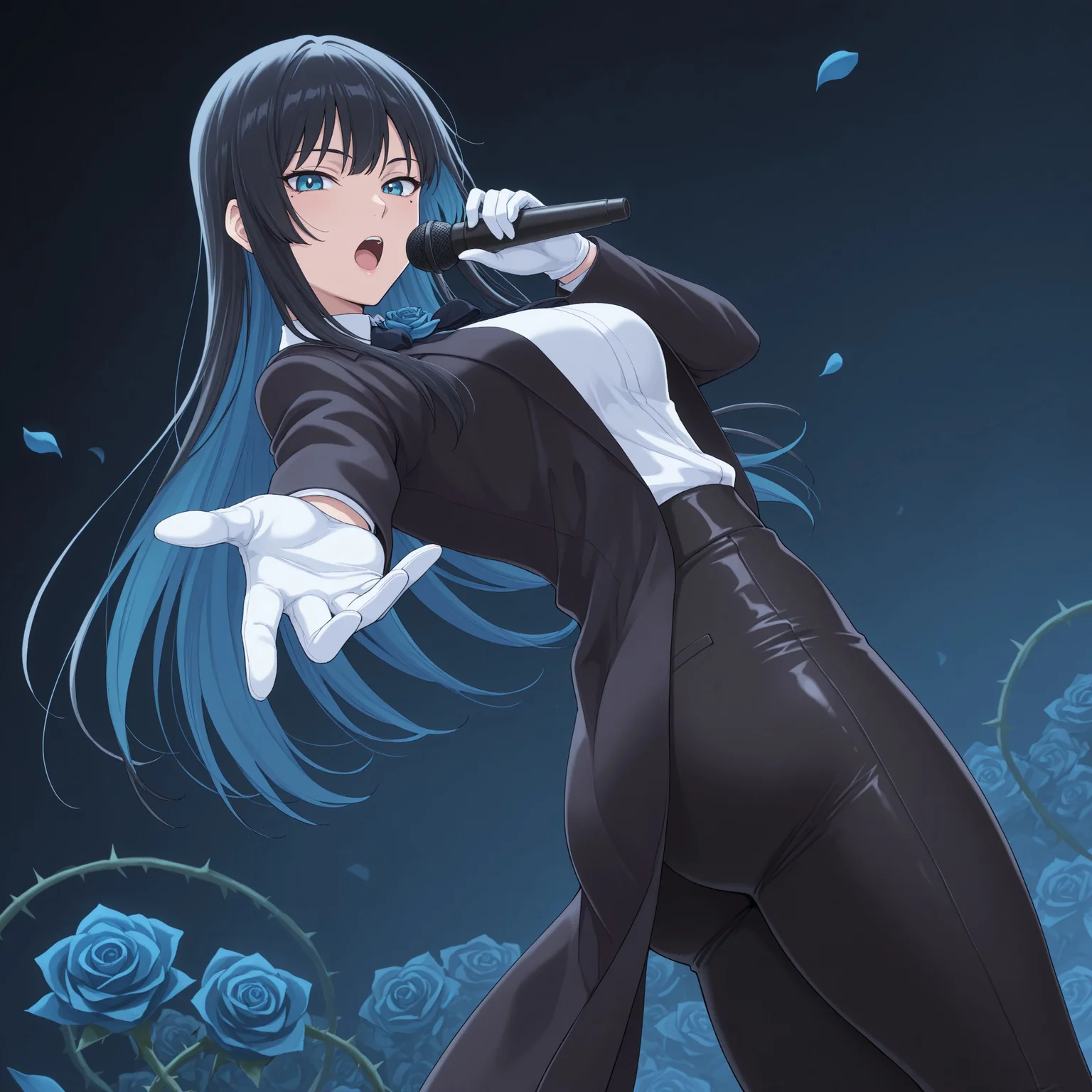 <lora:iwaoCIVITAI:1>, iwao178, ado, cat pupils, (detailed background:1.5), (aesthetic background:1.5), (masterpiece), (best quality), (ultra-detailed), amazing quality, very aesthetic, illustration, perfect composition, intricate details, shiny skin, realistic, (uncensored), (anime screencap:1.5), 1girl, Shiny black hair, bright blue eyes, long hair, (black pants:1.5), mole under eye, blue hair, multicolored hair, colored inner hair, blue rose and black bow-tie, (long black coat:1.5), (white inner shirt:1.1), black pants, white gloves, (medium breasts:1.5), (medium ass:1.5), (slim:1.5), (large thighs:1.5), (blue and black rose background:1.5), (looking at viewer:1.5), (high dutch angle:1.5), (holding mic:1.5), (singing:1.5), (one hand reaching at viewer:1.5), (chest covered:1.5), (cat pupils:1.5), (blue rose petals falling:1.5), (surrounded by blue roses:1.5), (rose thorns:1.5)