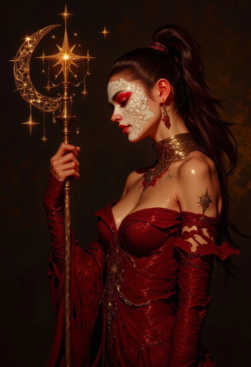 A striking portrait of a mystical woman bathed in shadow and warm crimson hues. Her face is partially painted in white with red accents, resembling a ceremonial or ritualistic mask, while her eyes are gently closed, evoking serenity and inner strength. She holds a crescent moon staff with intricate spiderweb-like details glowing faintly, adorned with golden stars, symbolizing a connection to celestial or arcane powers. Her deep red attire clings to her form, textured like woven fabric, with long sleeves trailing down her arms. A faint tattoo-like marking adorns her shoulder, reinforcing the ethereal and otherworldly nature of her presence. Her flowing, high-tied ponytail adds a sense of grace and movement against the dark, textured background. The image exudes a balance of elegance, mysticism, and quiet reverence, as though she is a guardian or priestess of a forgotten realm.