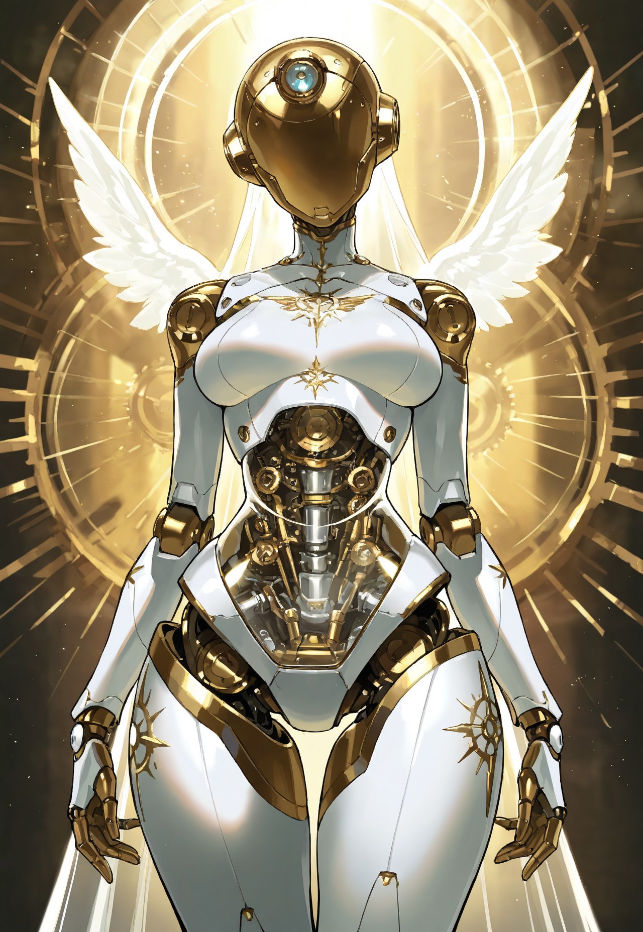 masterpiece, best quality, amazing quality,  high resolution, aesthetic,  robot girl, ((robot body)), robot joints, proud, medium breasts, wide hips, metal body, angelic, glowing white details, gold details, rim lighting, pretty hair, scifi, portrait, transparent body, vintage robot, steampunk, wide robot head, inhuman head, energy shield