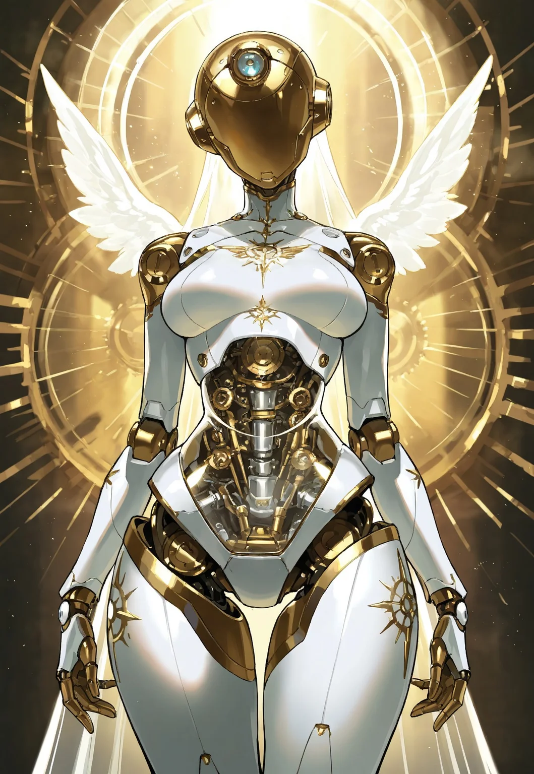 masterpiece, best quality, amazing quality, high resolution, aesthetic, robot girl, ((robot body)), robot joints, proud, medium breasts, wide hips, metal body, angelic, glowing white details, gold details, rim lighting, pretty hair, scifi, portrait, transparent body, vintage robot, steampunk, wide robot head, inhuman head, energy shield