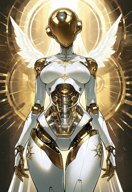 masterpiece, best quality, amazing quality,  high resolution, aesthetic,  robot girl, ((robot body)), robot joints, proud, medium breasts, wide hips, metal body, angelic, glowing white details, gold details, rim lighting, pretty hair, scifi, portrait, transparent body, vintage robot, steampunk, wide robot head, inhuman head, energy shield