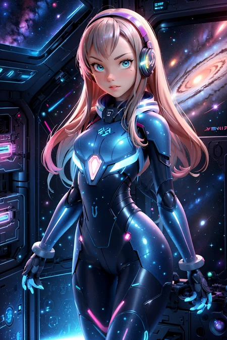 (AnjelikaV2:1.2),
1girl, dark fantasy warrior, neon circuits infused, glowing blue lines, intricate armor, anime-inspired, tech-infused wall, high detail,
standing, one leg forward, both hands clenched, ready for action,
Space station interior, expansive window views of galaxies, holographic displays, sleek metallic surfaces
