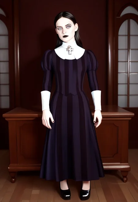 score_9, score_8_up, score_7_up BREAK AnnaVK, 1girl, pale white skin, long black hair, gray eyes, dark gray eyeshadow, black lipstick, black fingernails, silver neck ankh cross, white-collared long-sleeved striped purple victorian dress, white cuffs, black mary-jane shoes, source_3d, 3d, photorealistic, full body, solo, solo focus, alone, staring at viewer, serious, monotone atmosphere, mansion indoors, mansion background, gothic decorations, unsettling, creepy,