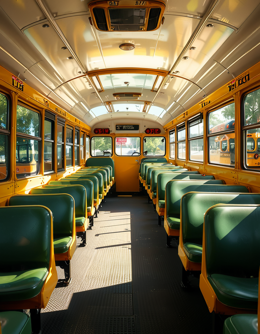 The interior of a classic yellow school bus, captured in a clean and well-maintained state. Long rows of simple green vinyl seats line both sides of a narrow aisle, slightly worn from regular use. The perspective is from the front of the bus, looking toward the back, with a clear view of the seats and the metal handrails on top of each row. Sunlight streams in through the large rectangular windows on both sides, creating soft reflections on the seats and a warm glow inside. The floor is textured black rubber, with faint signs of foot traffic. The atmosphere feels quiet and inviting, with no students present, giving a peaceful and slightly nostalgic vibe. The style is photorealistic, highlighting the details of the seat stitching, window latches, and the subtle reflections of light on surfaces. The background includes the driverâs area partially visible, with the steering wheel and dashboard controls adding to the authenticity.
<lora:SDXLFaeTastic2400:0.4> <lora:extremely_detailed:0.4> extremely detailed, <lora:sch00l_bus:1>,sch00l bus, Masterpiece,best quality,hi res,8k,hi res,8k,award winning,(sharp focus, intricate, highly detailed),