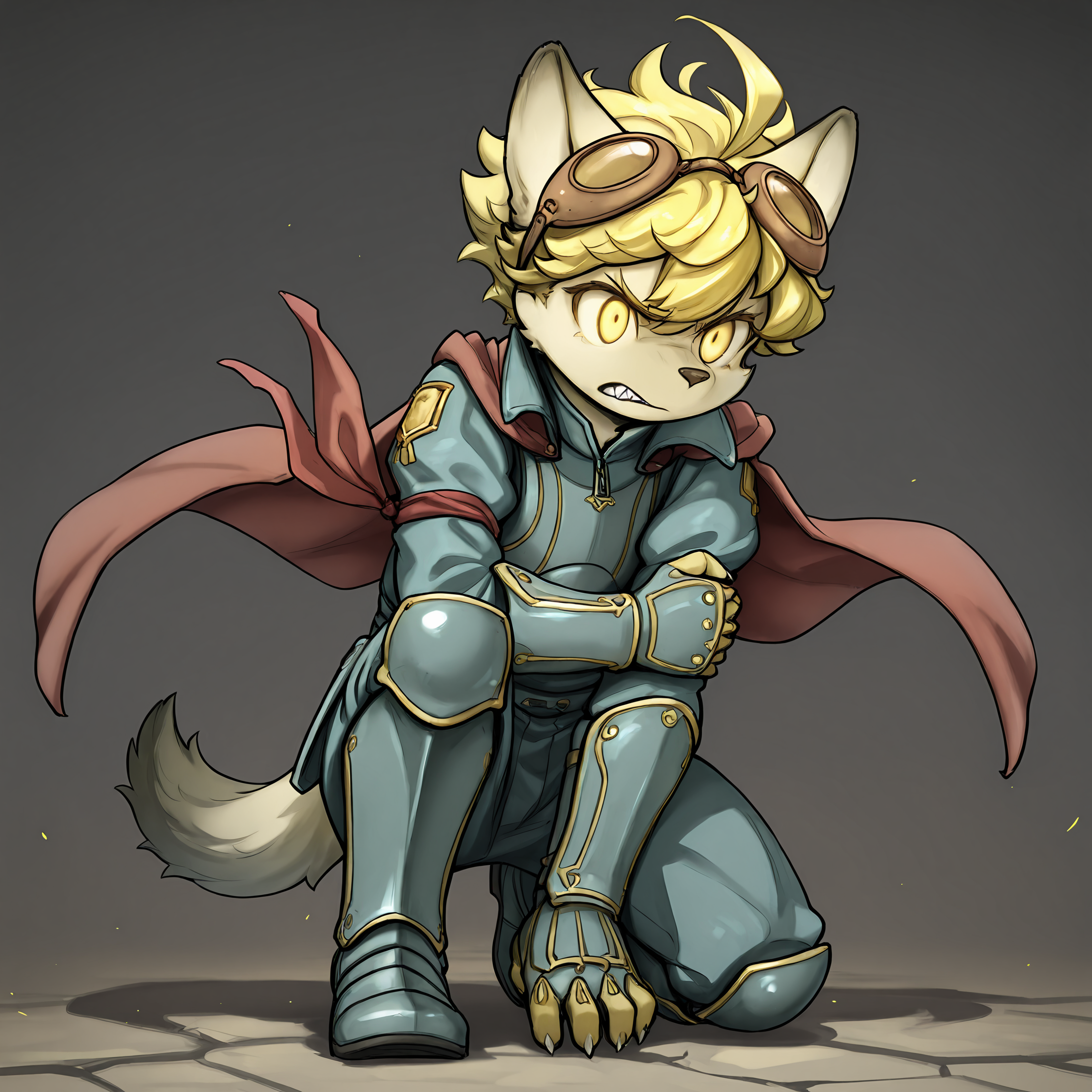 masterpiece, best quality, (absurdres), (highest quality), amazing quality, very aesthetic, no humans,
BREAK, <lora:Malt_Marzipan:1>, malt marzipan, fuga: melodies of steel, young male, 1boy, animal ears, yellow eyes, blonde hair, tail, furry, furry male,
BREAK, armored boots, armor, cape, googles, googles on head, claws,
BREAK, solo, full body, boutside, on one knee, holding arm, angry, concentrated, serious, frown, bared teeth